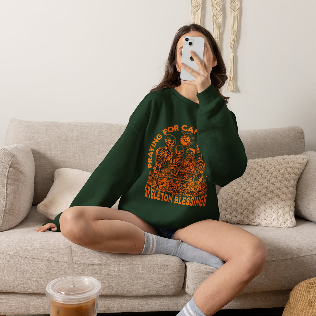 Skeleton Blessings Crewneck Sweatshirt — Praying for Candy and Fun Halloween Sweater