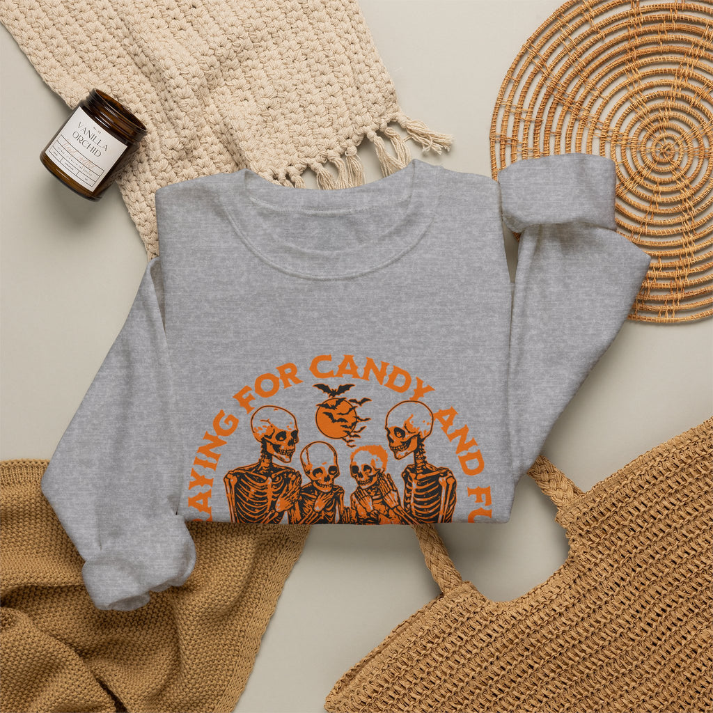 Skeleton Blessings Crewneck Sweatshirt — Praying for Candy and Fun Halloween Sweater