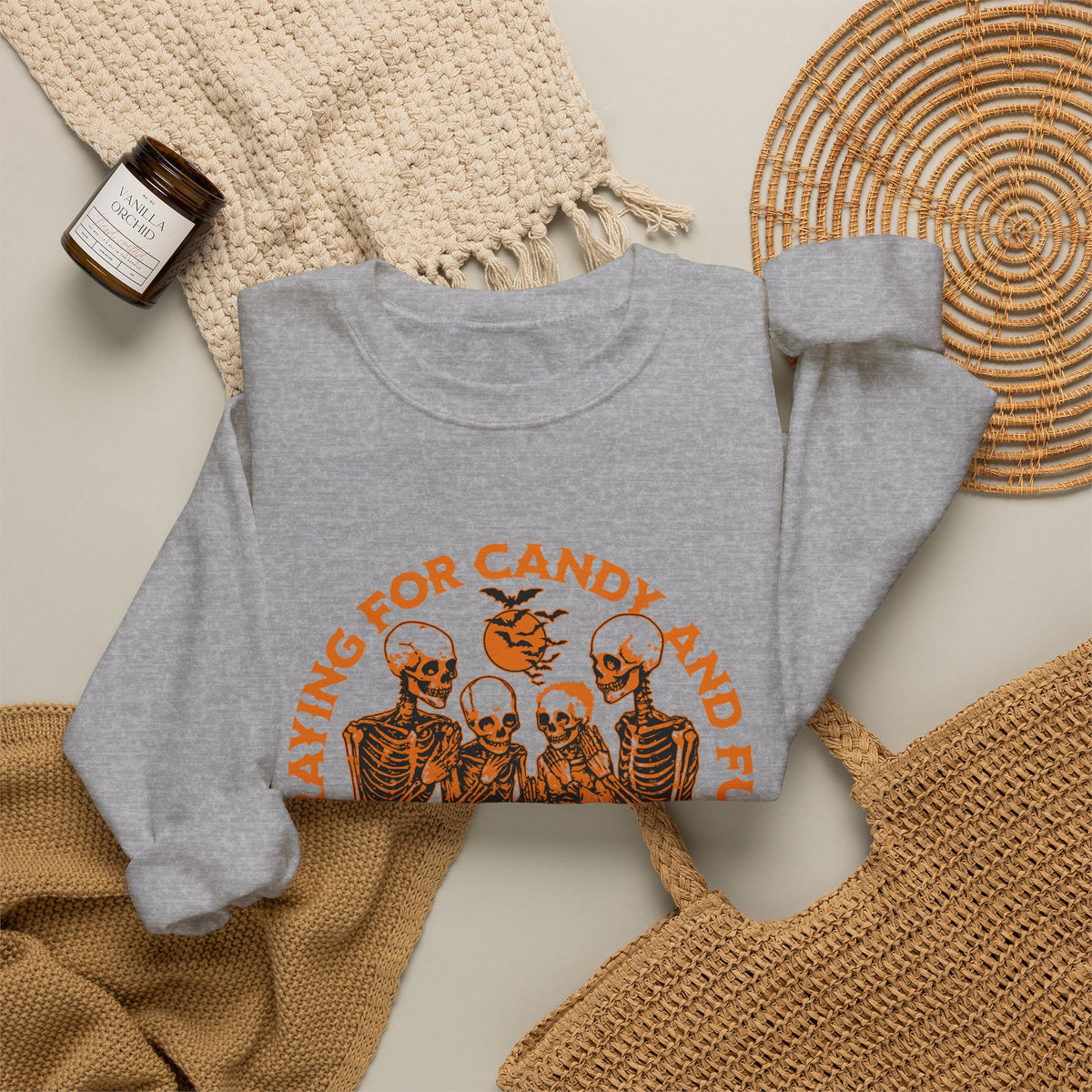 Skeleton Blessings Crewneck Sweatshirt — Praying for Candy and Fun Halloween Sweater