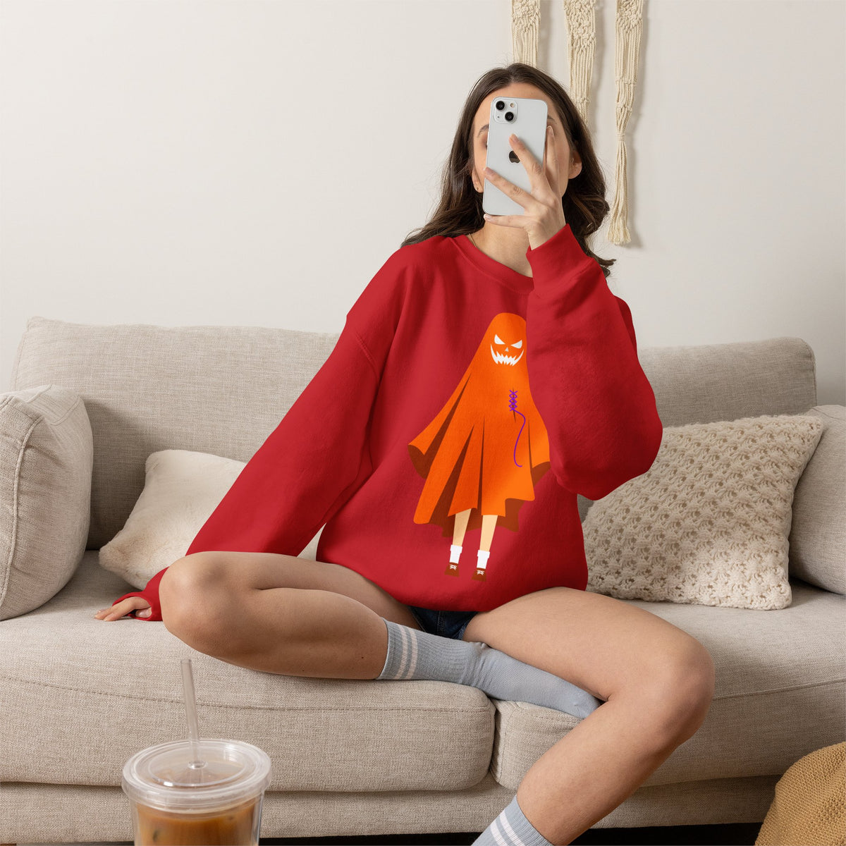 Halloween Ghost Costume Sweatshirt — Cute Spooky Ghost Holding Lollipop Crewneck