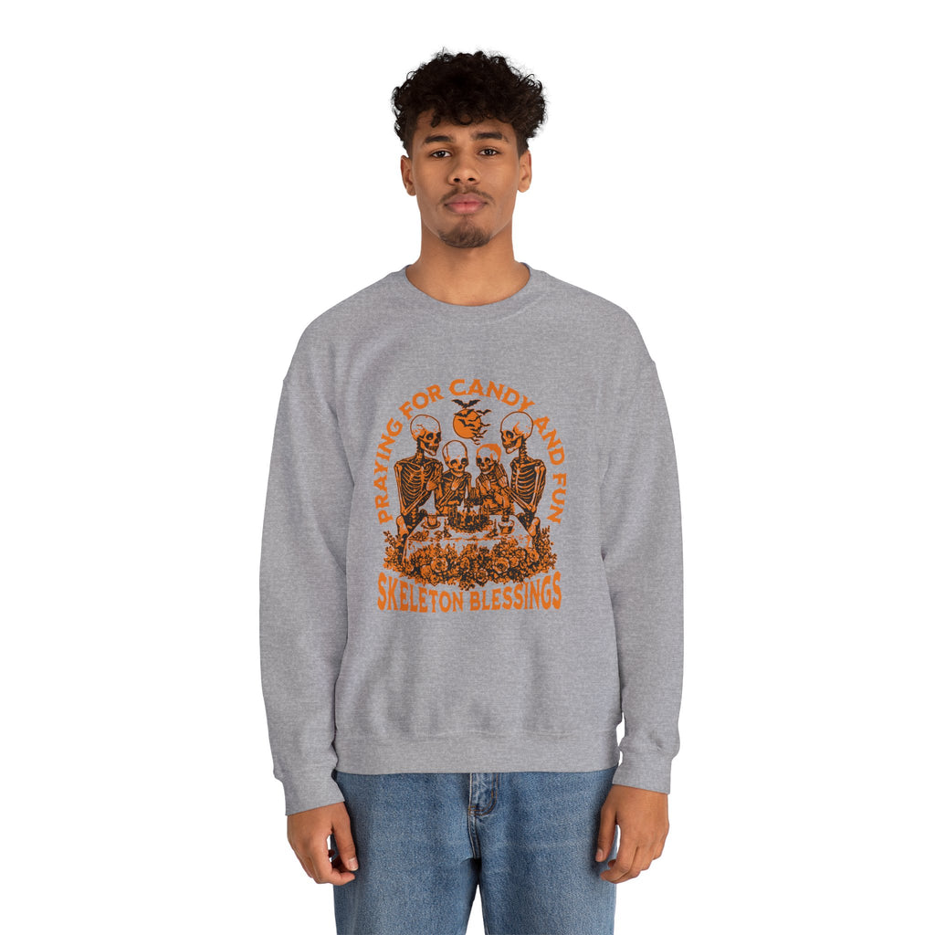 Skeleton Blessings Crewneck Sweatshirt — Praying for Candy and Fun Halloween Sweater