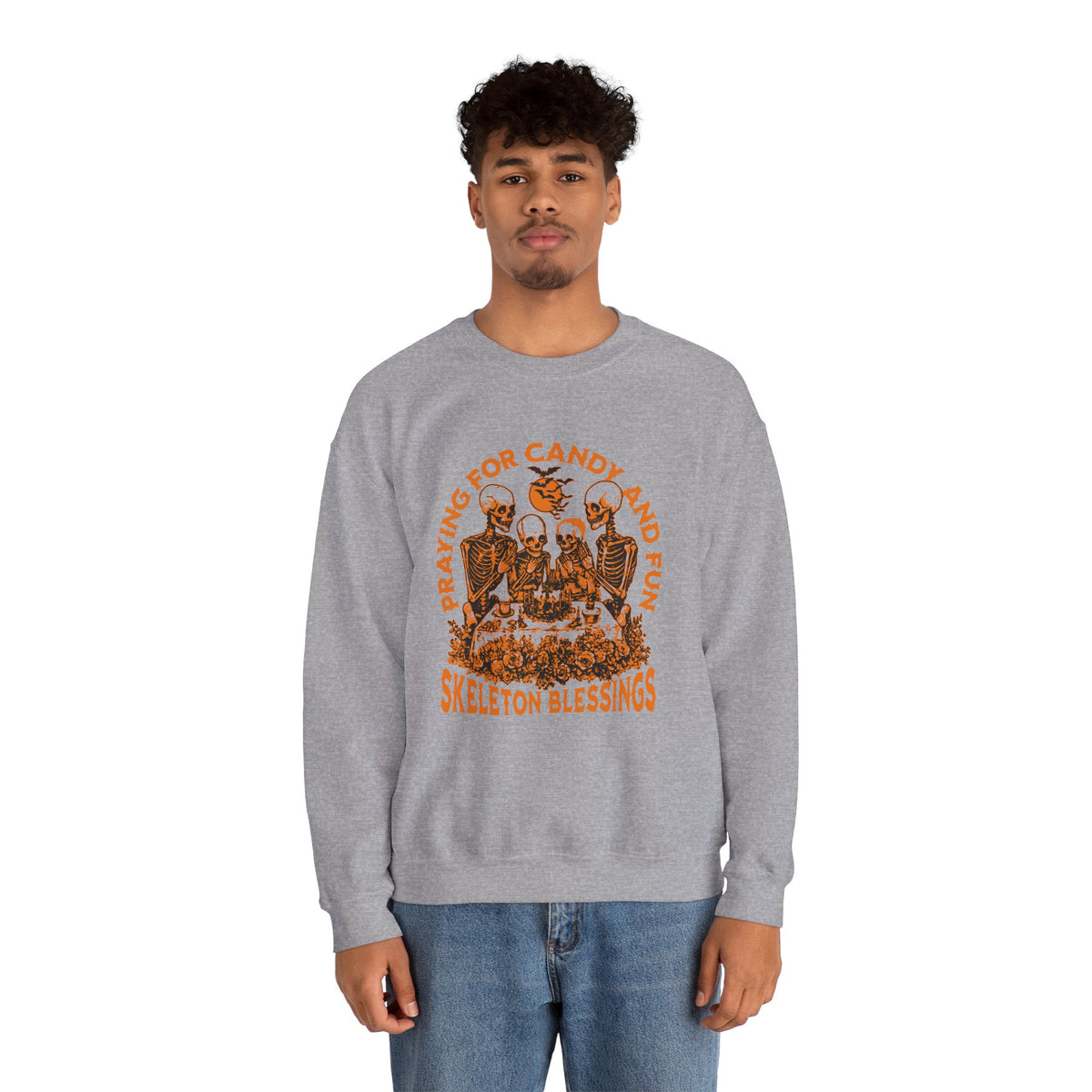 Skeleton Blessings Crewneck Sweatshirt — Praying for Candy and Fun Halloween Sweater