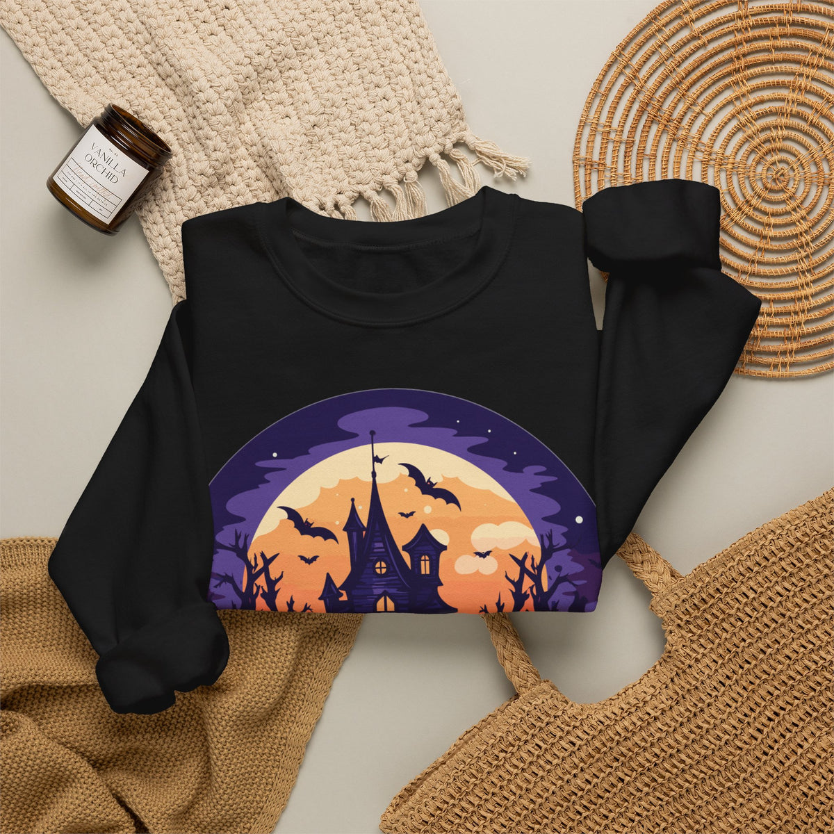 Halloween Haunted House Sweatshirt — Spooky Moonlit Castle Crewneck