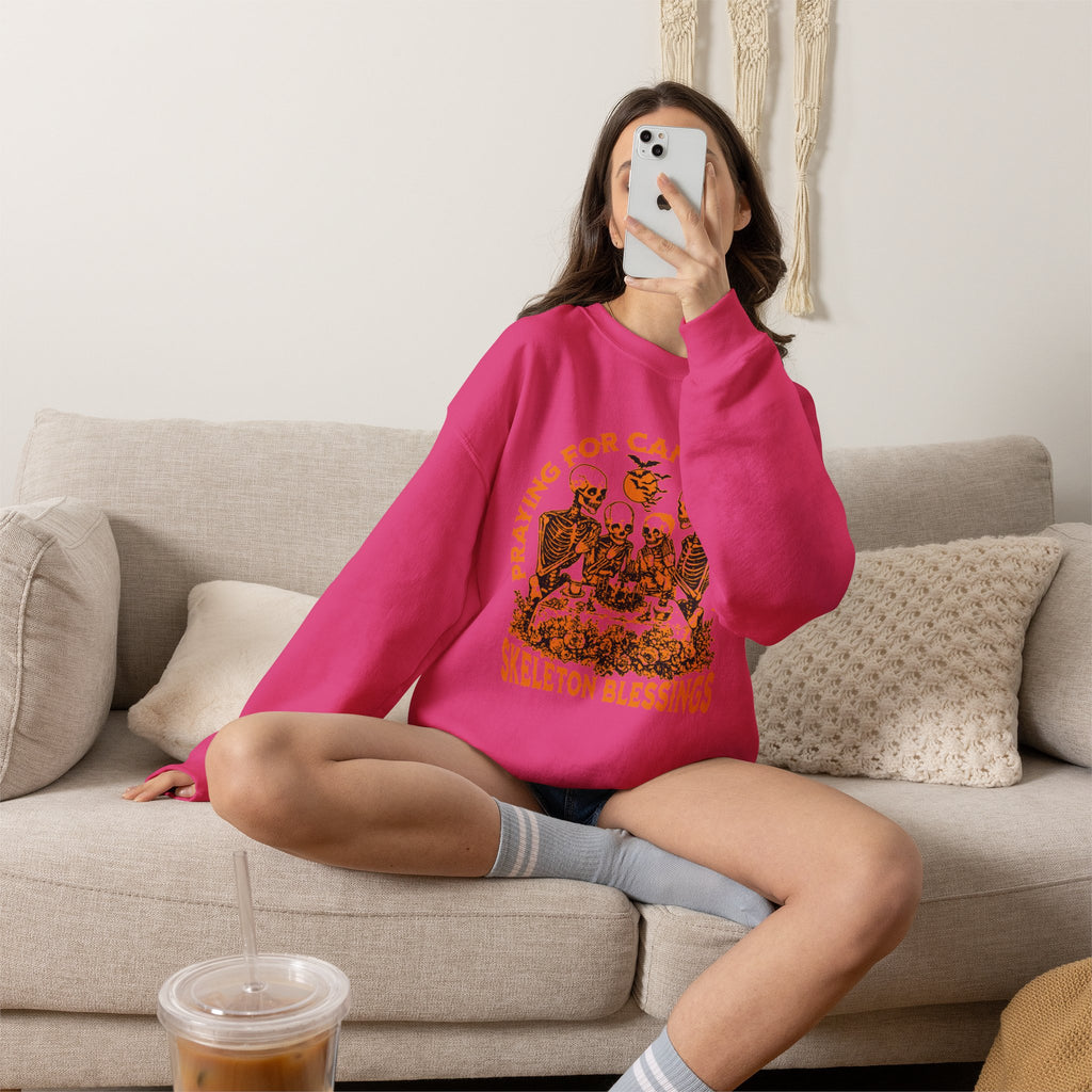 Skeleton Blessings Crewneck Sweatshirt — Praying for Candy and Fun Halloween Sweater
