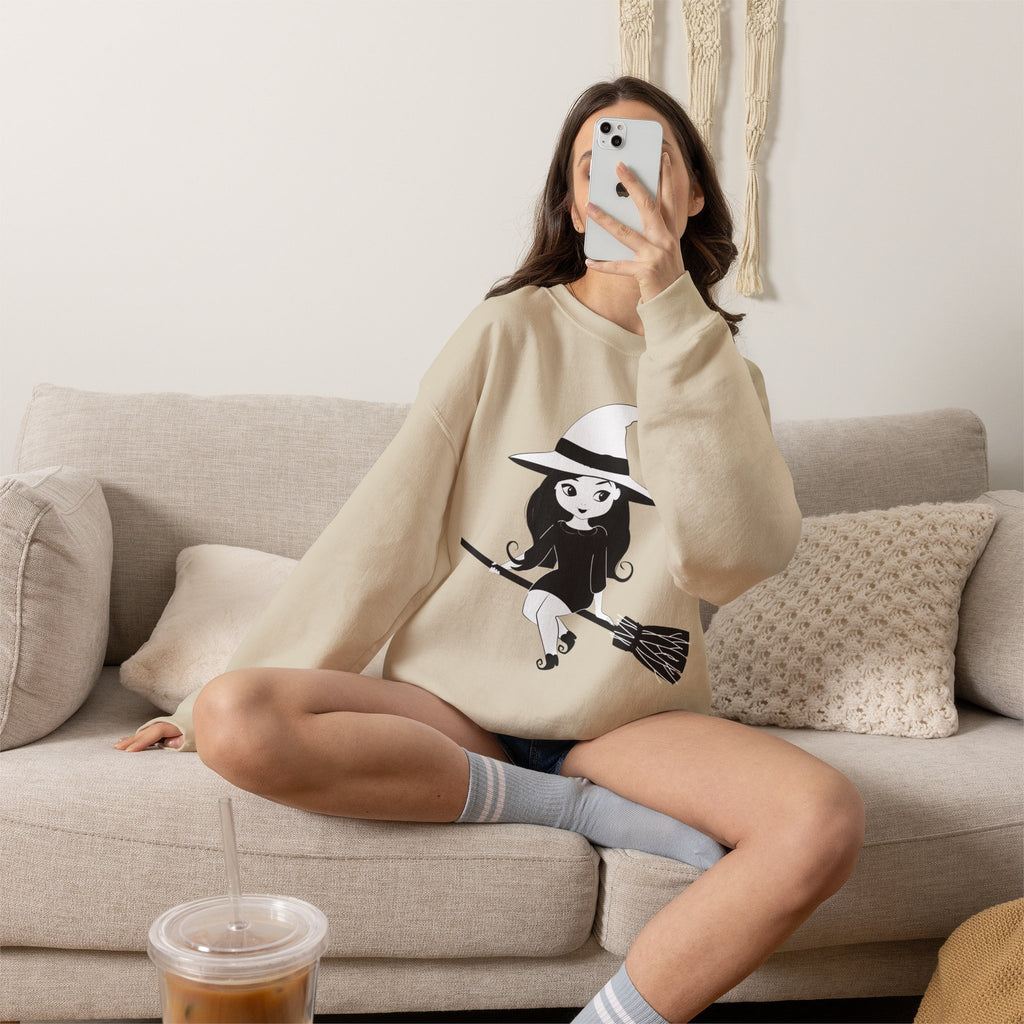 Witch on Broom Crewneck Sweatshirt — Cute Retro Halloween Witch Graphic