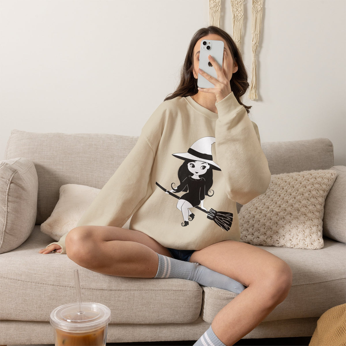 Witch on Broom Crewneck Sweatshirt — Cute Retro Halloween Witch Graphic