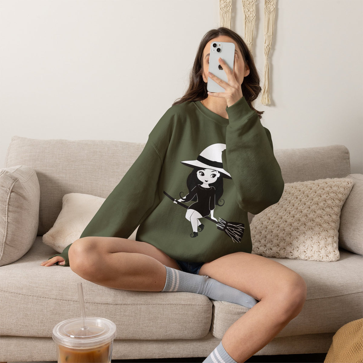 Witch on Broom Crewneck Sweatshirt — Cute Retro Halloween Witch Graphic