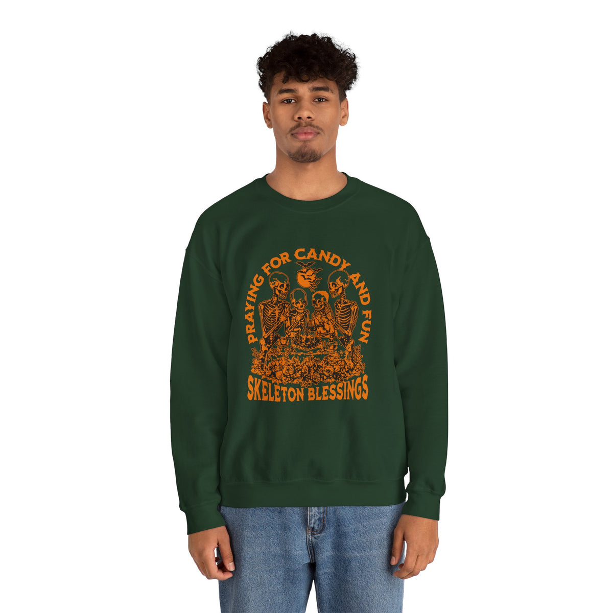 Skeleton Blessings Crewneck Sweatshirt — Praying for Candy and Fun Halloween Sweater
