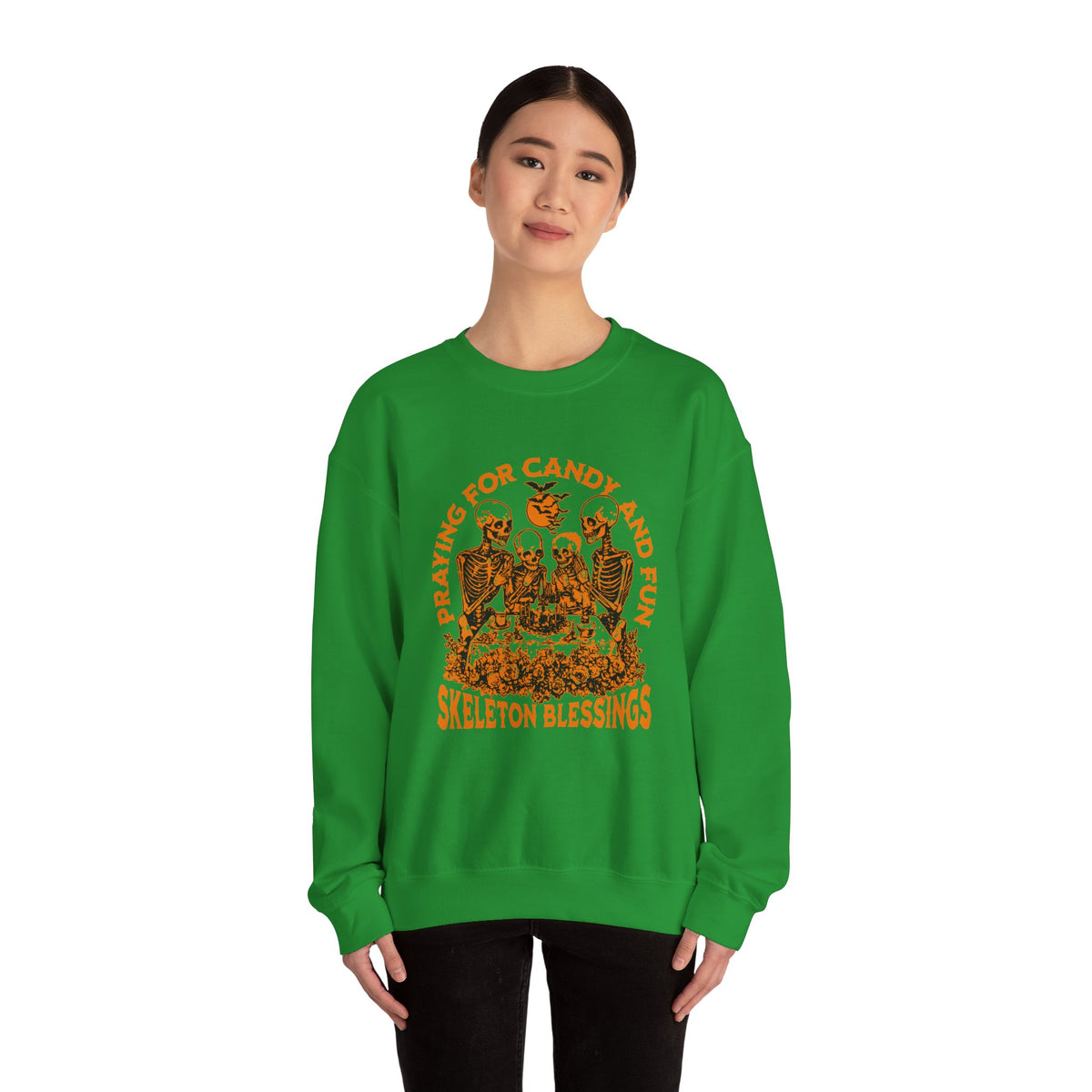 Skeleton Blessings Crewneck Sweatshirt — Praying for Candy and Fun Halloween Sweater