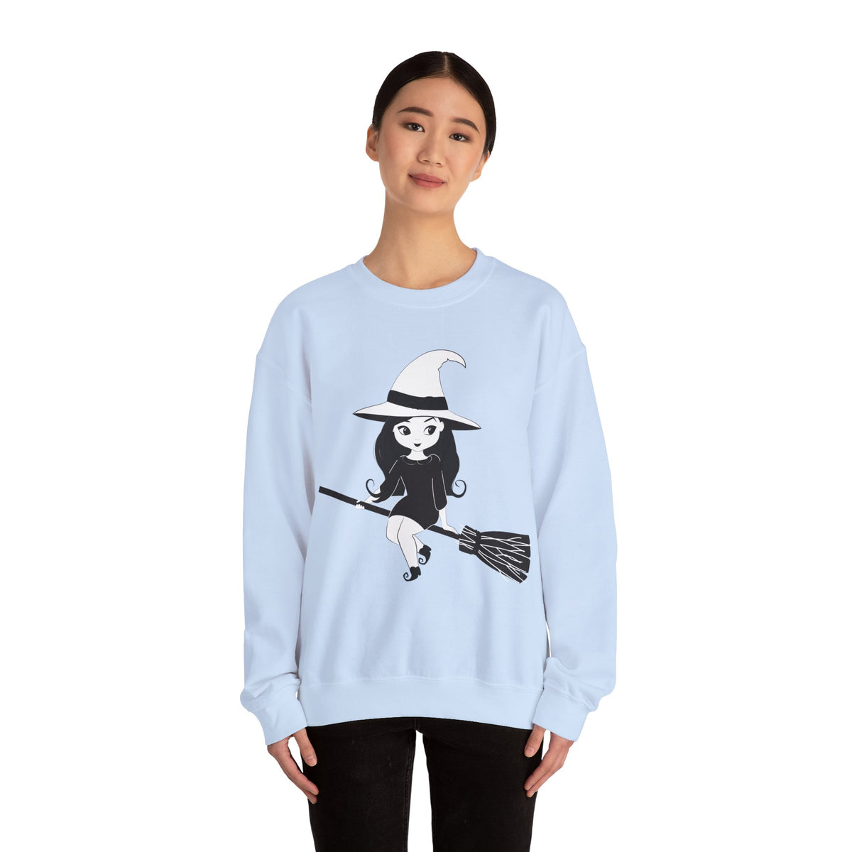 Witch on Broom Crewneck Sweatshirt — Cute Retro Halloween Witch Graphic