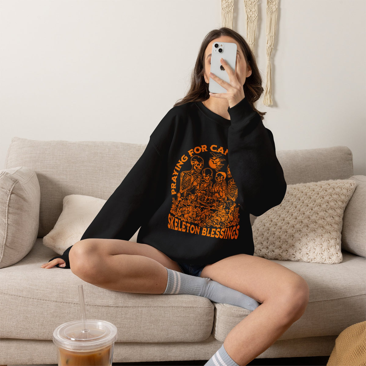 Skeleton Blessings Crewneck Sweatshirt — Praying for Candy and Fun Halloween Sweater