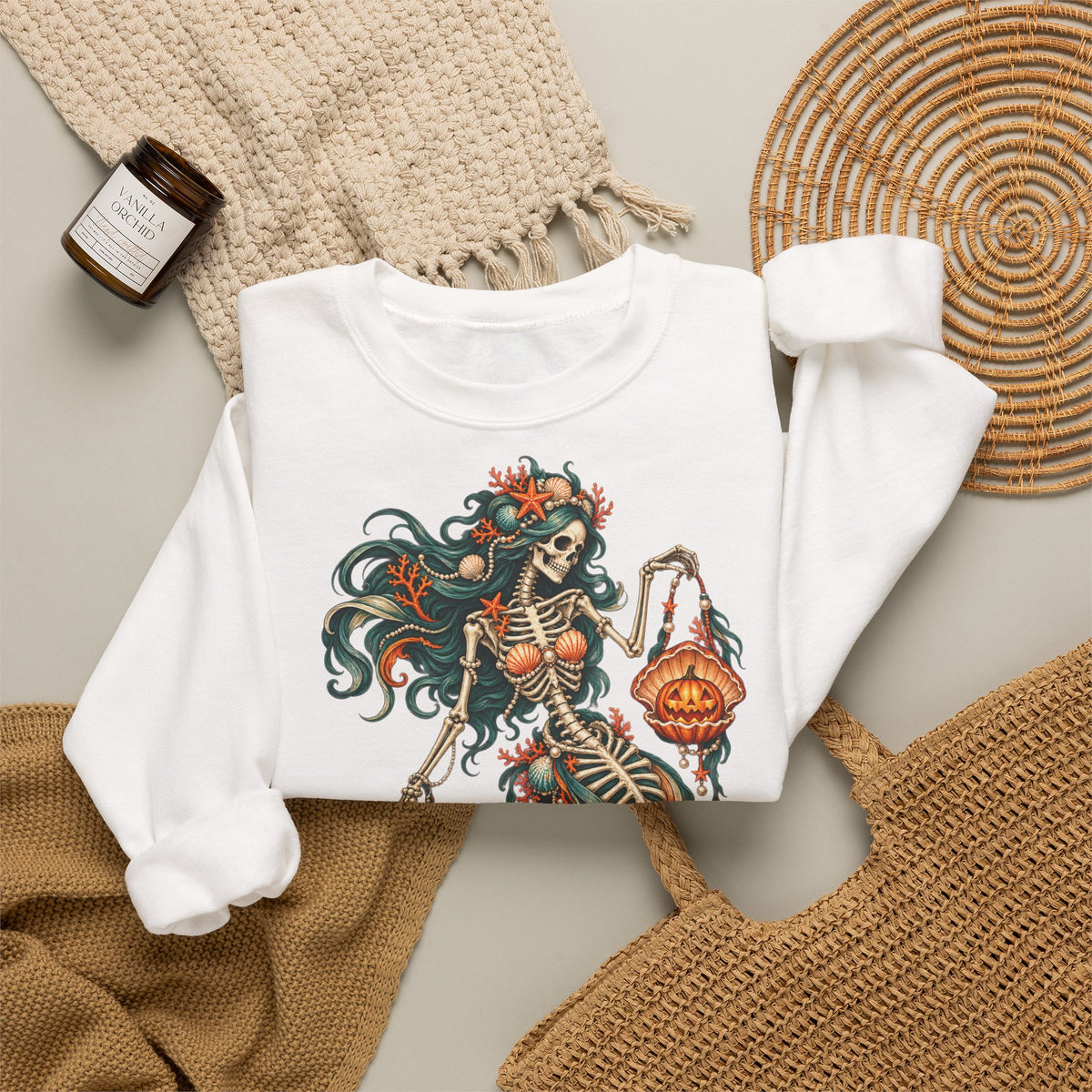 Skeleton Mermaid Crewneck Sweatshirt — Gothic Halloween Mermaid Pullover