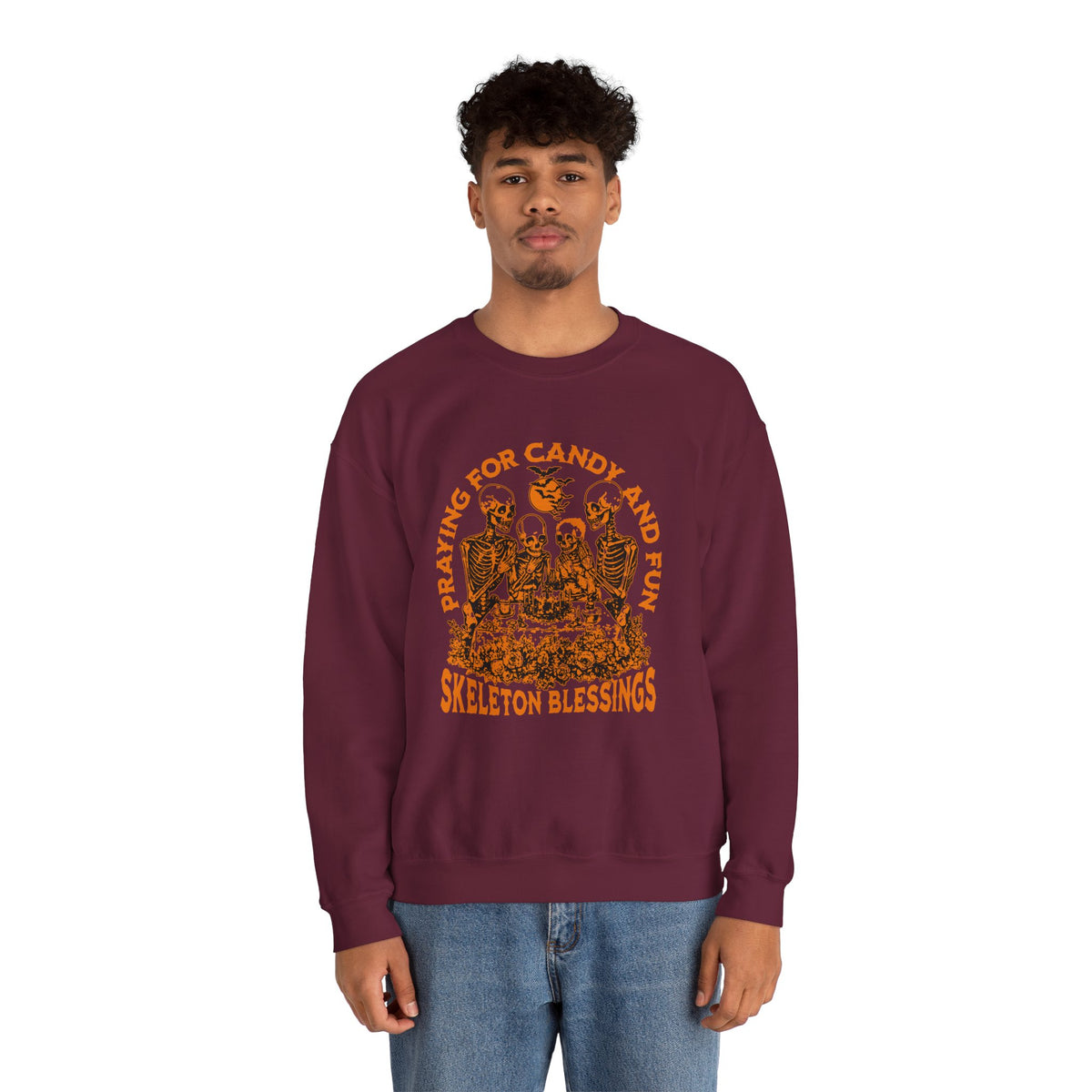 Skeleton Blessings Crewneck Sweatshirt — Praying for Candy and Fun Halloween Sweater