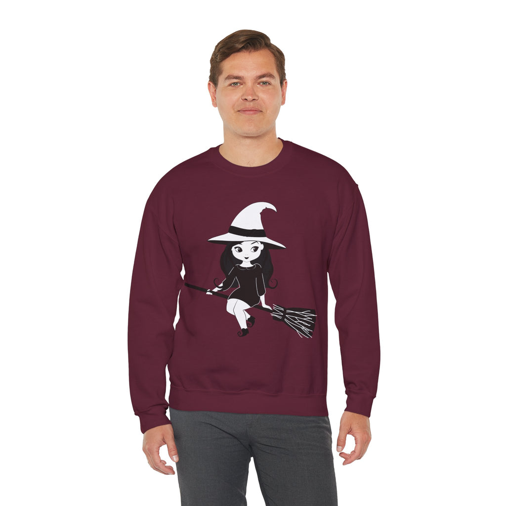 Witch on Broom Crewneck Sweatshirt — Cute Retro Halloween Witch Graphic