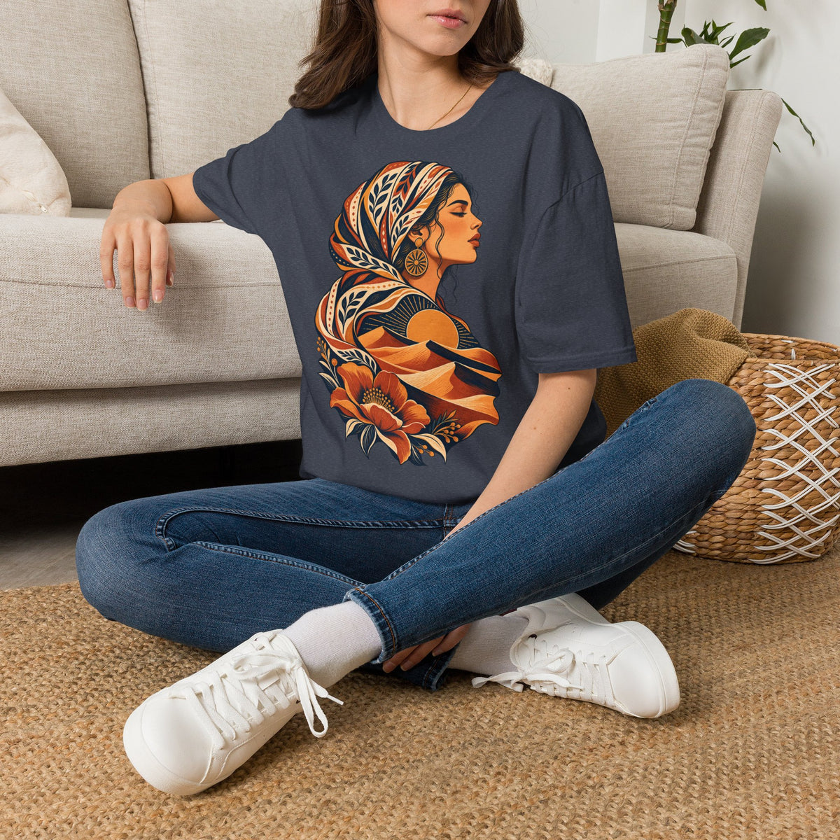 Floral Headwrap Portrait T-Shirt — Boho Vintage Woman Graphic Tee