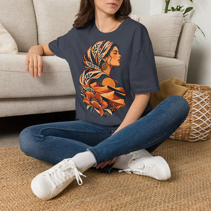 Floral Headwrap Portrait T-Shirt — Boho Vintage Woman Graphic Tee