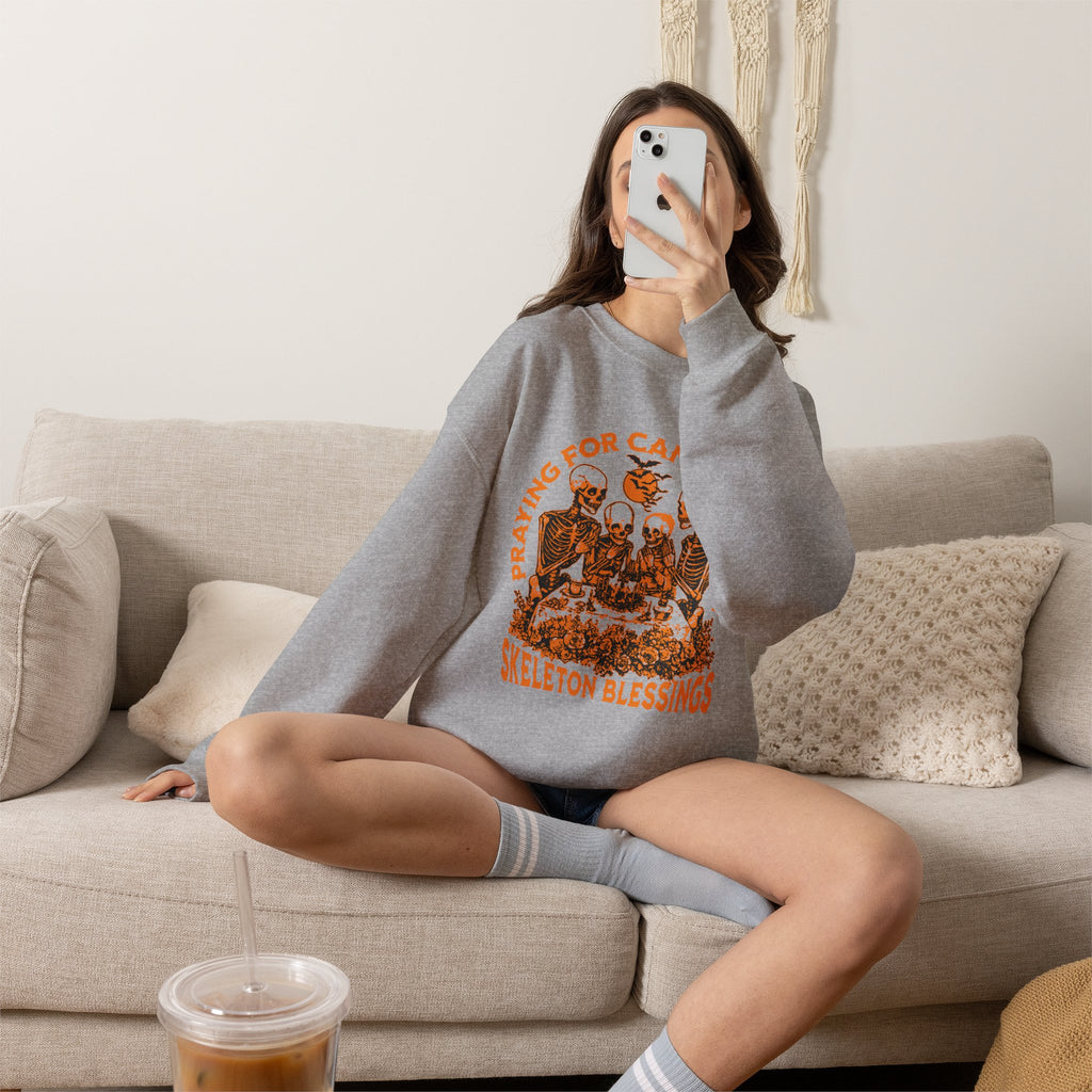 Skeleton Blessings Crewneck Sweatshirt — Praying for Candy and Fun Halloween Sweater