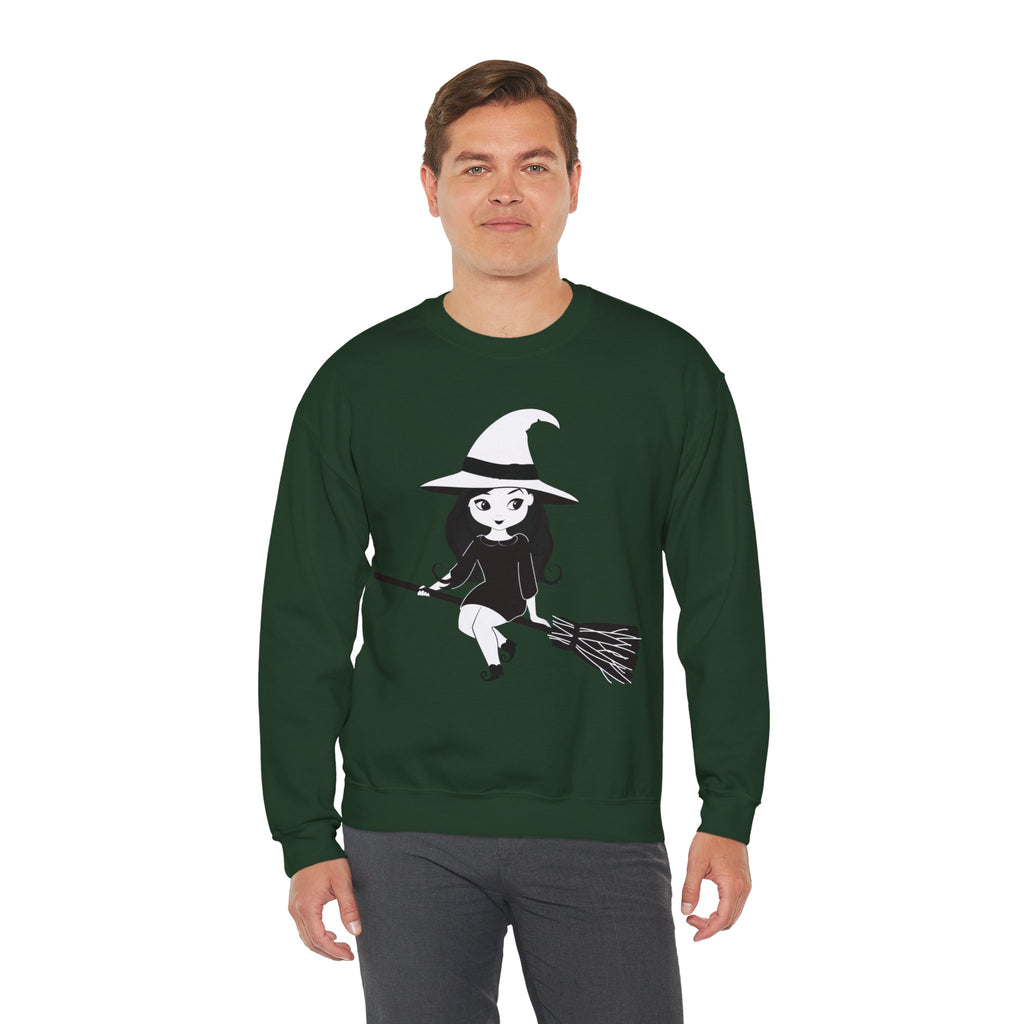 Witch on Broom Crewneck Sweatshirt — Cute Retro Halloween Witch Graphic