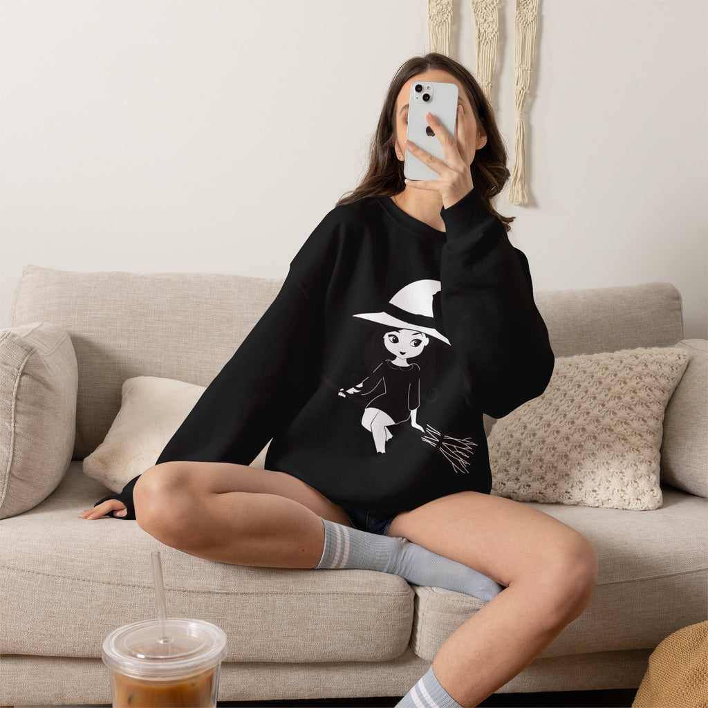 Witch on Broom Crewneck Sweatshirt — Cute Retro Halloween Witch Graphic
