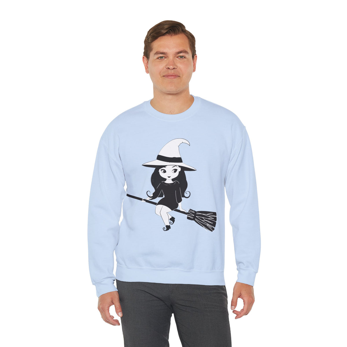 Witch on Broom Crewneck Sweatshirt — Cute Retro Halloween Witch Graphic