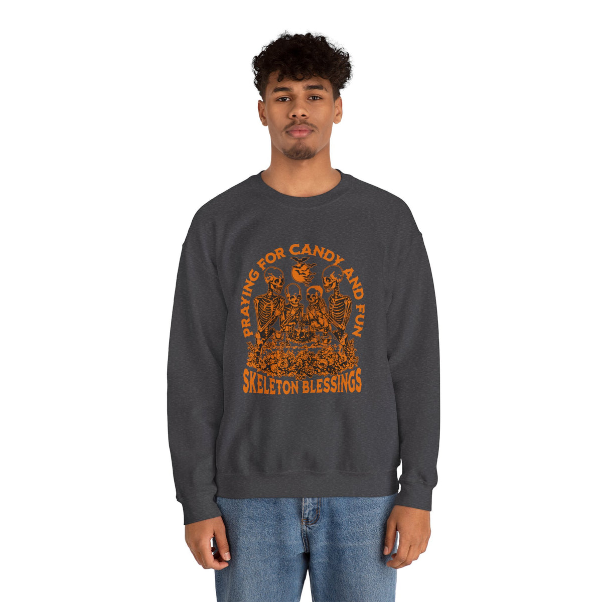 Skeleton Blessings Crewneck Sweatshirt — Praying for Candy and Fun Halloween Sweater