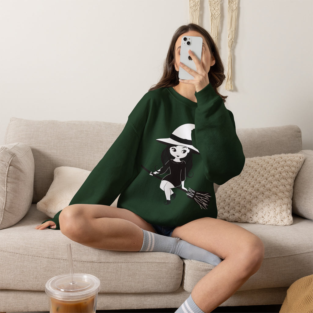Witch on Broom Crewneck Sweatshirt — Cute Retro Halloween Witch Graphic