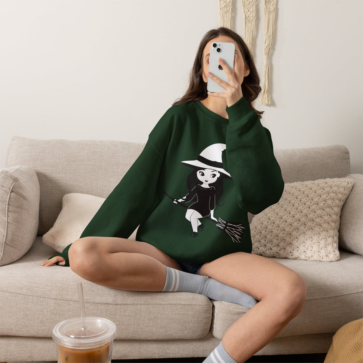 Witch on Broom Crewneck Sweatshirt — Cute Retro Halloween Witch Graphic