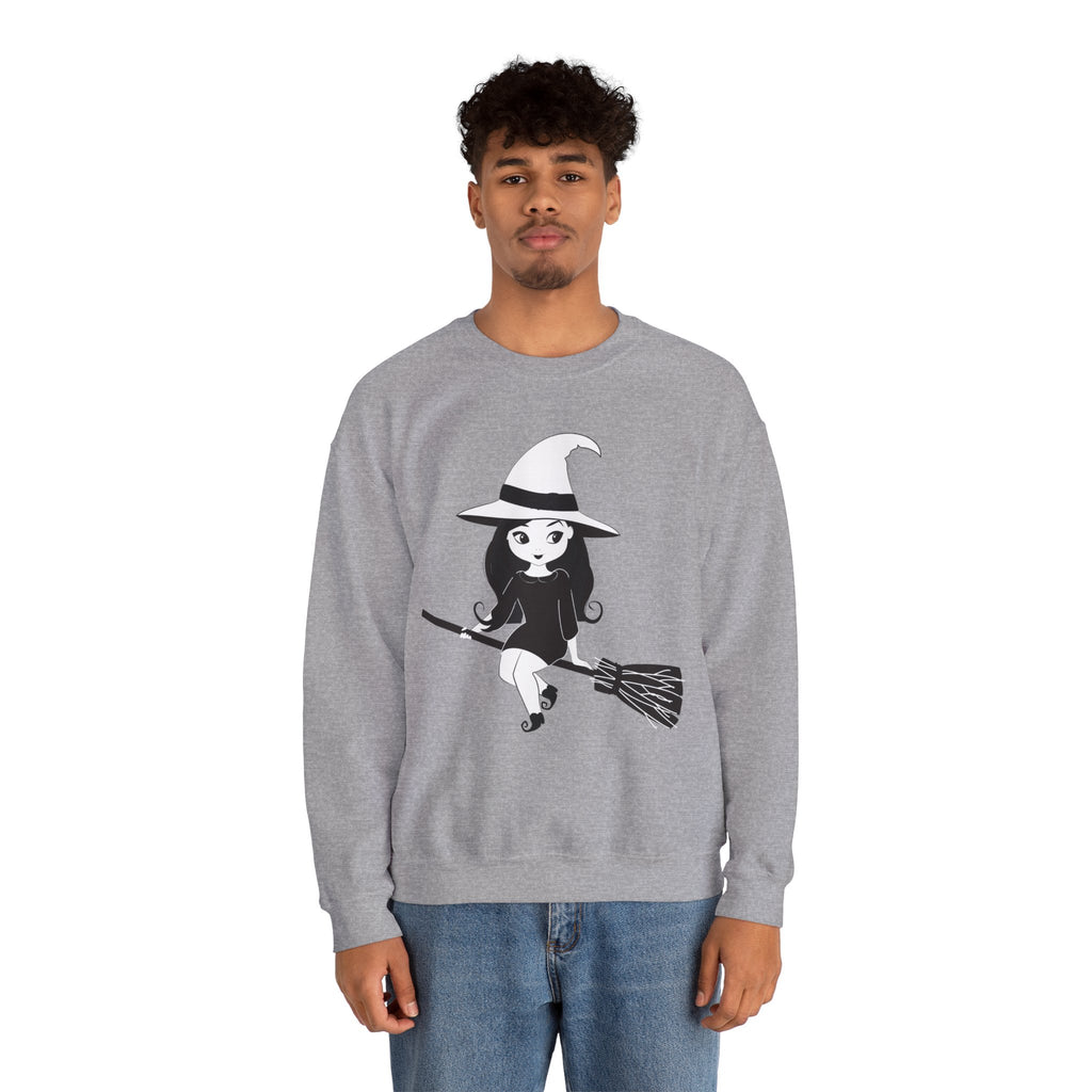 Witch on Broom Crewneck Sweatshirt — Cute Retro Halloween Witch Graphic