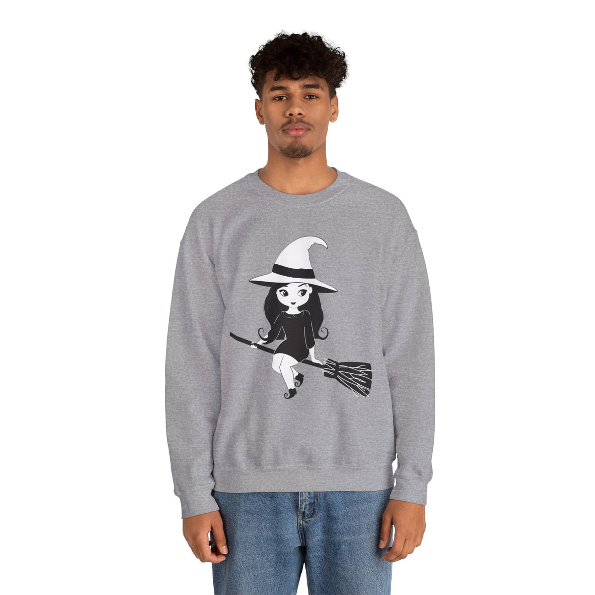 Witch on Broom Crewneck Sweatshirt — Cute Retro Halloween Witch Graphic