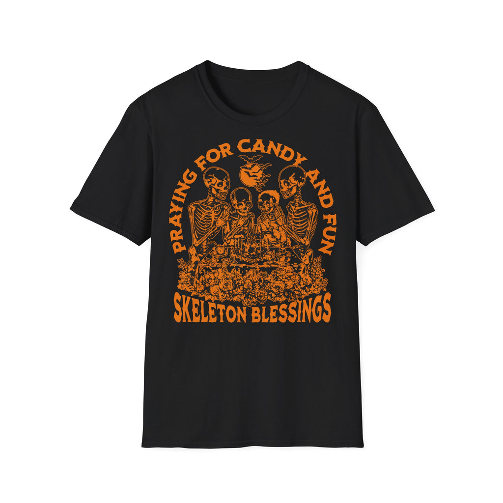 Skeleton Blessings Halloween T-Shirt — "Praying for Candy and Fun" Graphic Tee