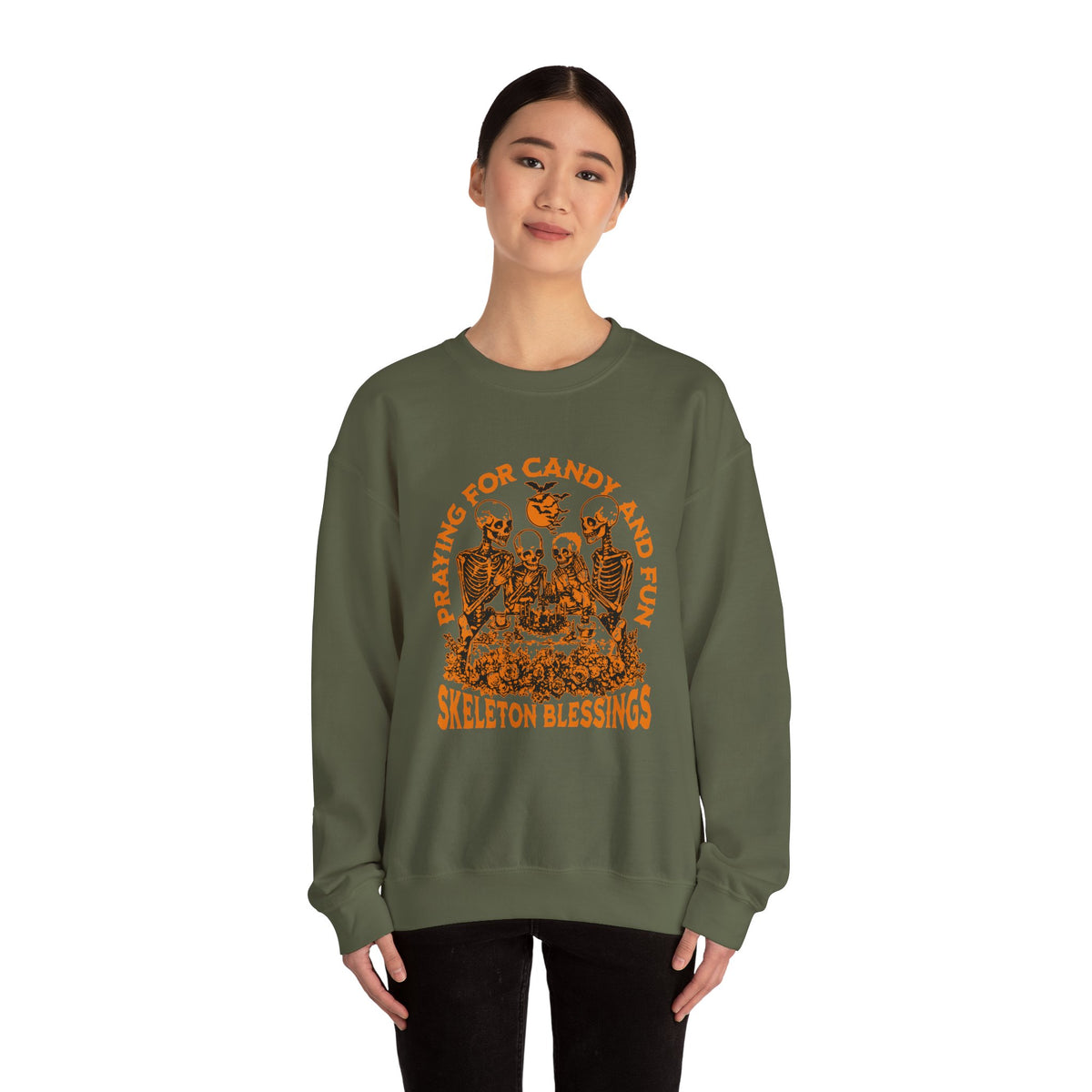 Skeleton Blessings Crewneck Sweatshirt — Praying for Candy and Fun Halloween Sweater
