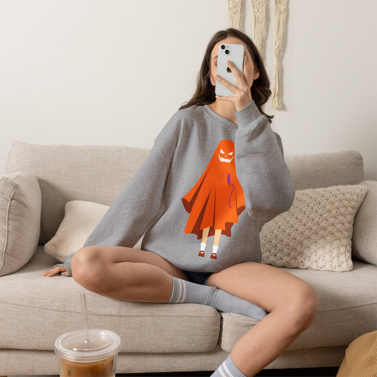 Halloween Ghost Costume Sweatshirt — Cute Spooky Ghost Holding Lollipop Crewneck
