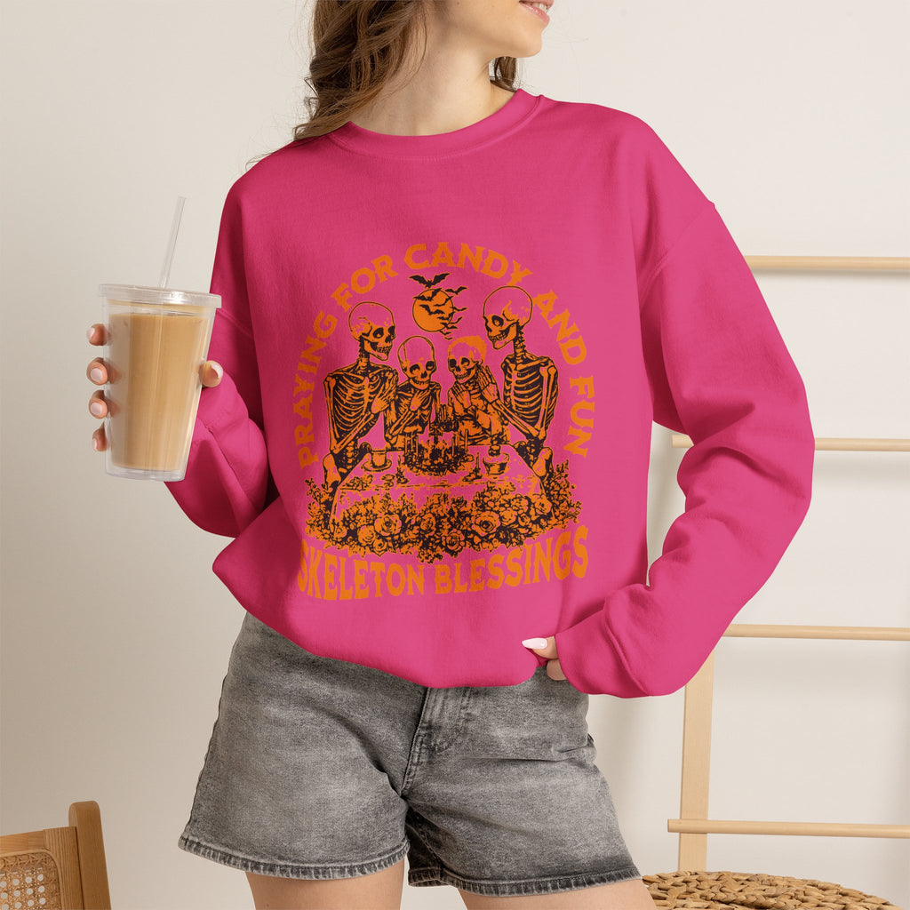 Skeleton Blessings Crewneck Sweatshirt — Praying for Candy and Fun Halloween Sweater