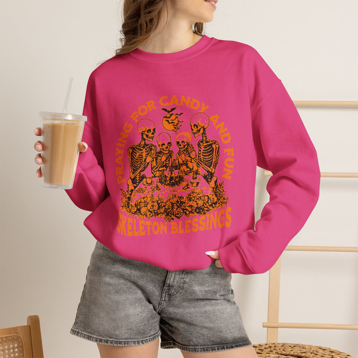 Skeleton Blessings Crewneck Sweatshirt — Praying for Candy and Fun Halloween Sweater