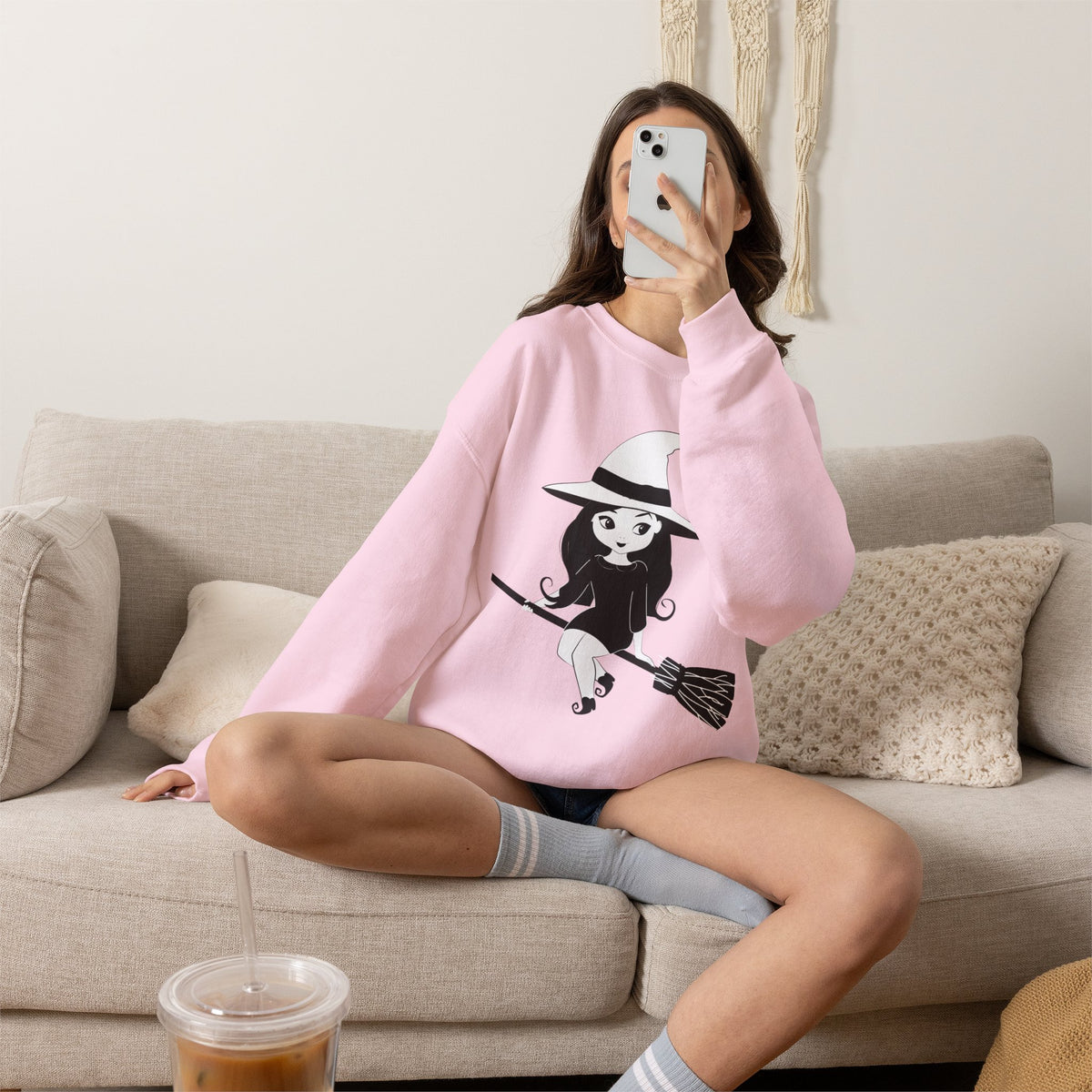Witch on Broom Crewneck Sweatshirt — Cute Retro Halloween Witch Graphic