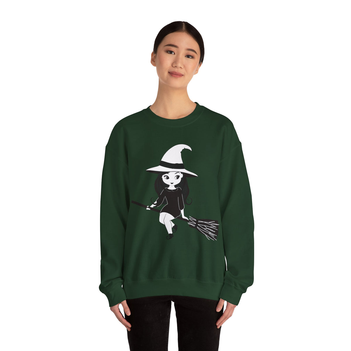 Witch on Broom Crewneck Sweatshirt — Cute Retro Halloween Witch Graphic