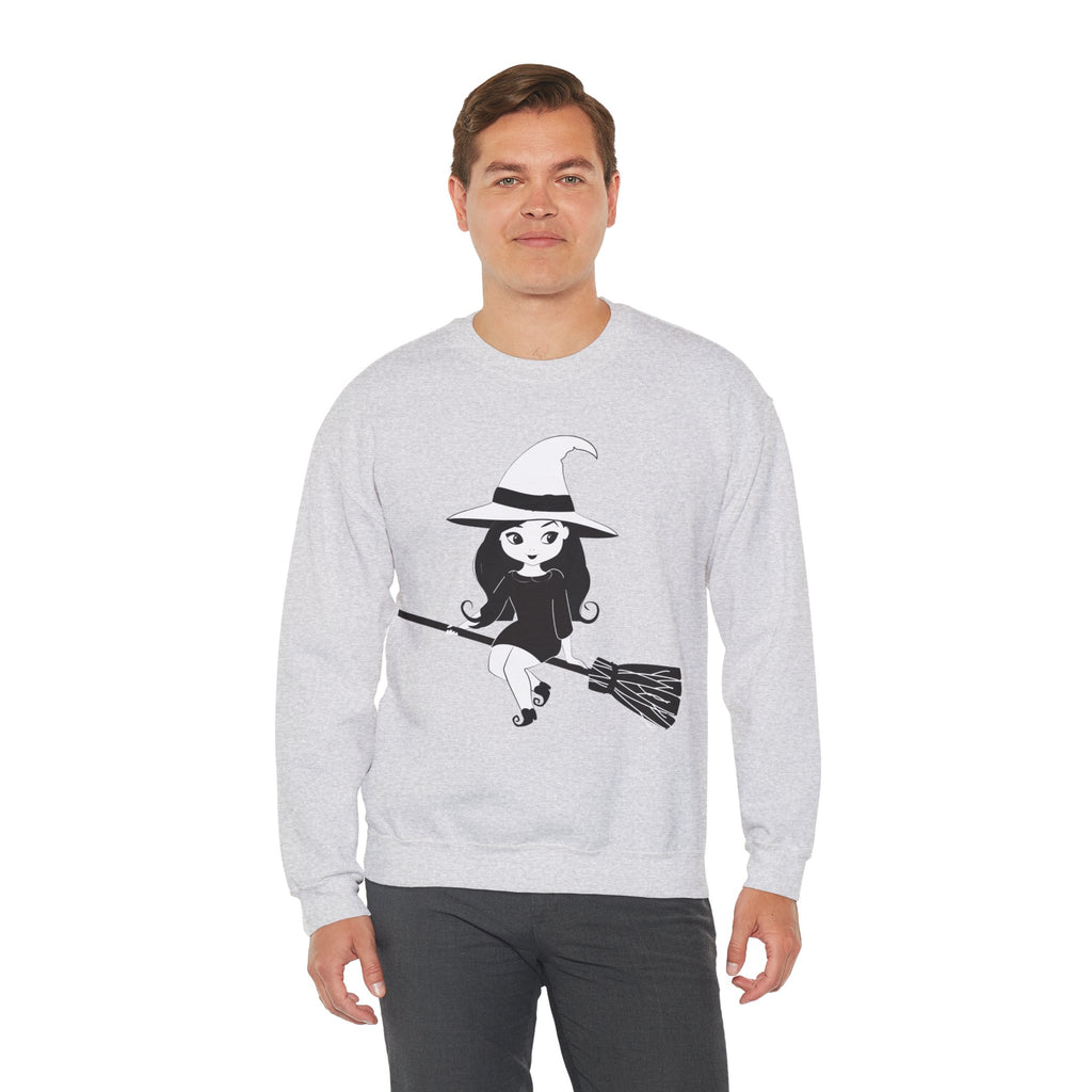 Witch on Broom Crewneck Sweatshirt — Cute Retro Halloween Witch Graphic