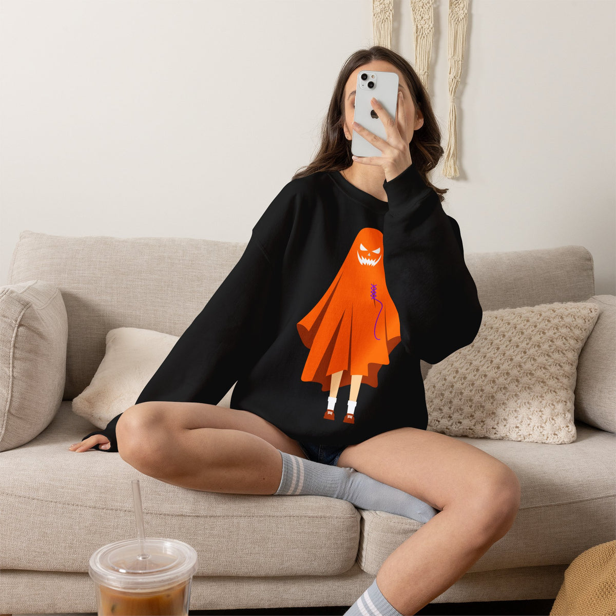 Halloween Ghost Costume Sweatshirt — Cute Spooky Ghost Holding Lollipop Crewneck