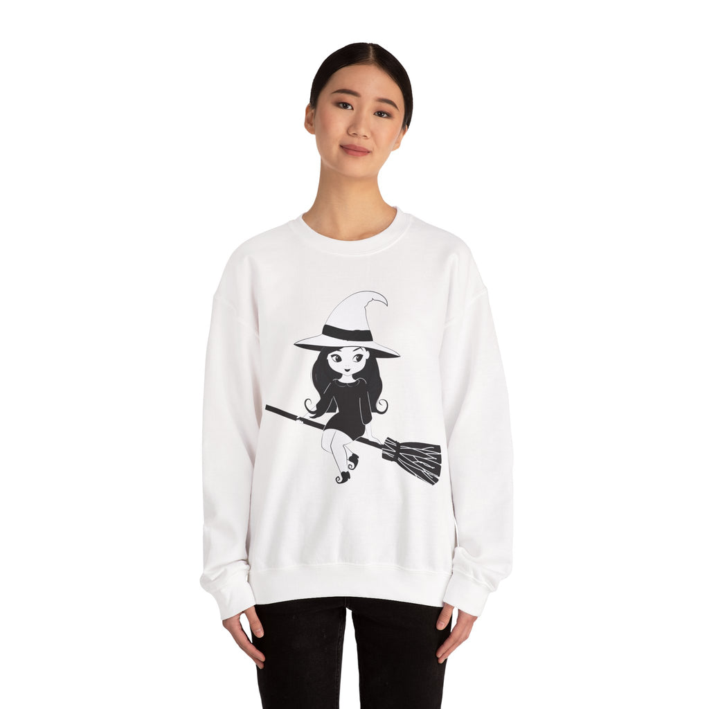 Witch on Broom Crewneck Sweatshirt — Cute Retro Halloween Witch Graphic