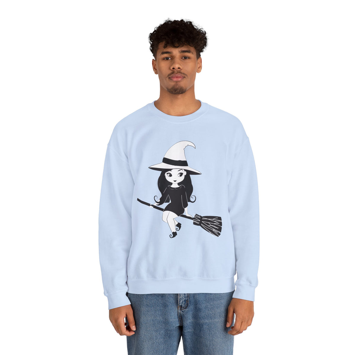 Witch on Broom Crewneck Sweatshirt — Cute Retro Halloween Witch Graphic