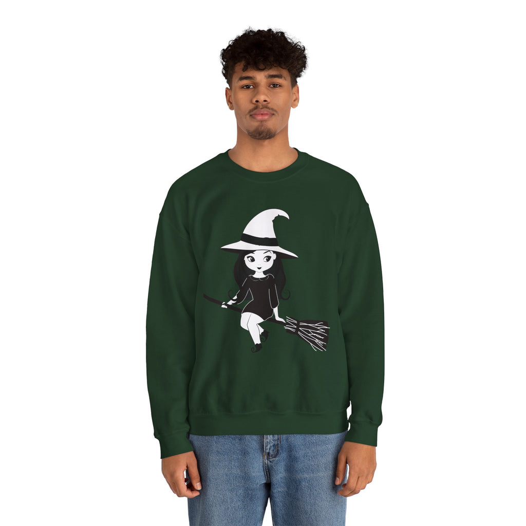 Witch on Broom Crewneck Sweatshirt — Cute Retro Halloween Witch Graphic