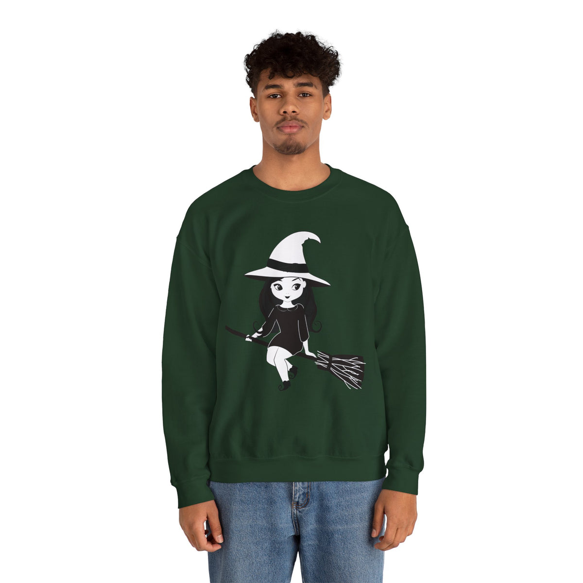 Witch on Broom Crewneck Sweatshirt — Cute Retro Halloween Witch Graphic