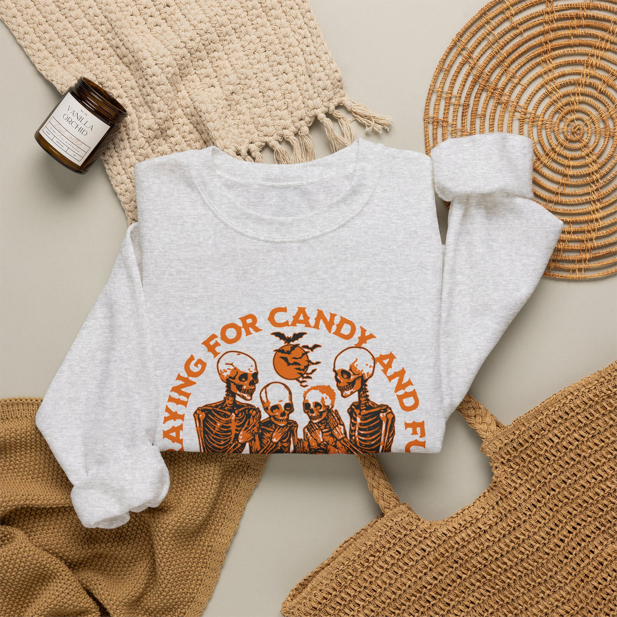 Skeleton Blessings Crewneck Sweatshirt — Praying for Candy and Fun Halloween Sweater
