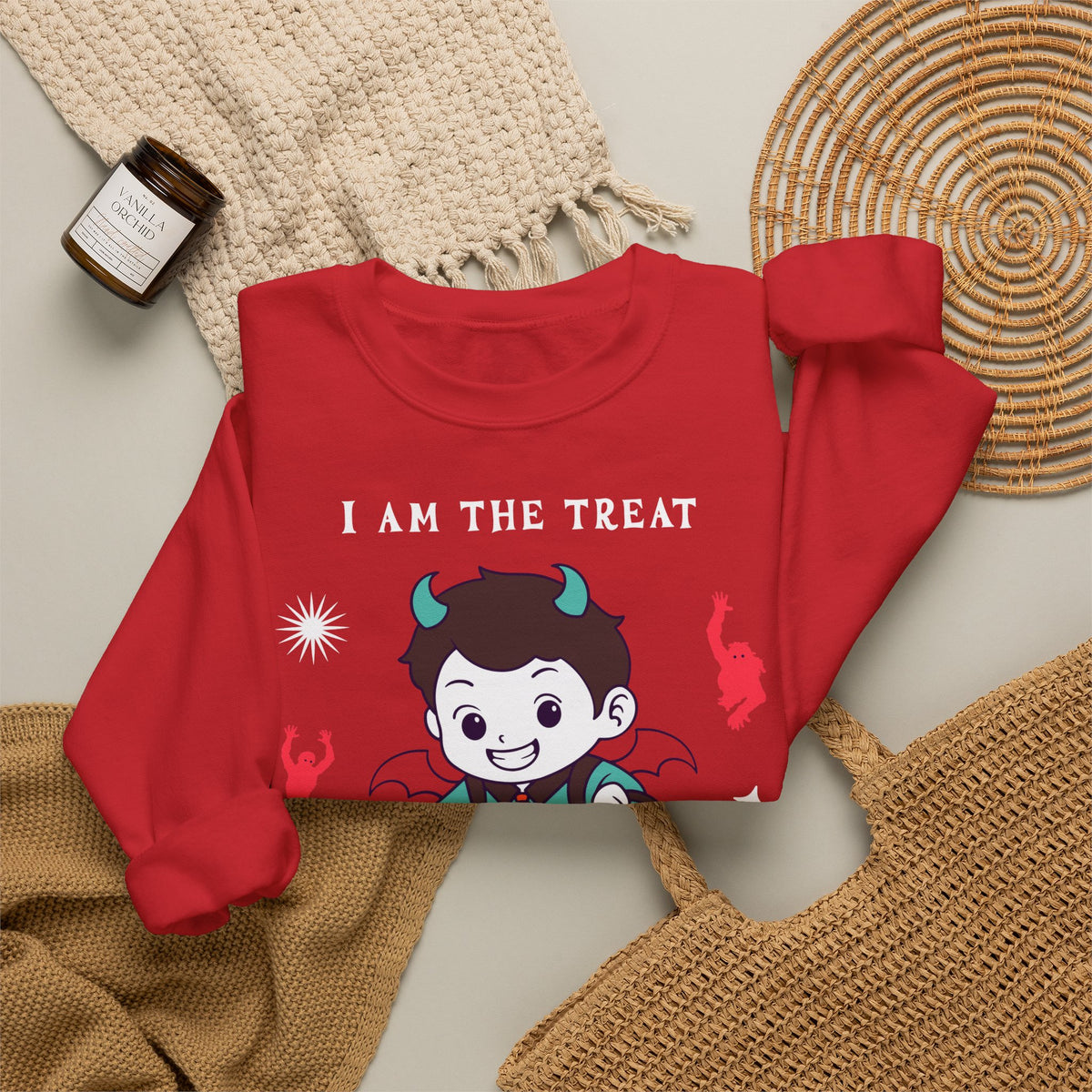 Halloween Party Sweatshirt — "I Am The Treat" Cute Devil Kid Costume Crewneck