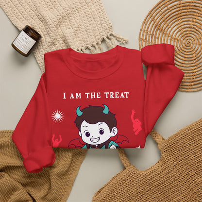 Halloween Party Sweatshirt — "I Am The Treat" Cute Devil Kid Costume Crewneck