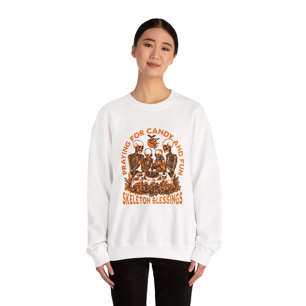 Skeleton Blessings Crewneck Sweatshirt — Praying for Candy and Fun Halloween Sweater