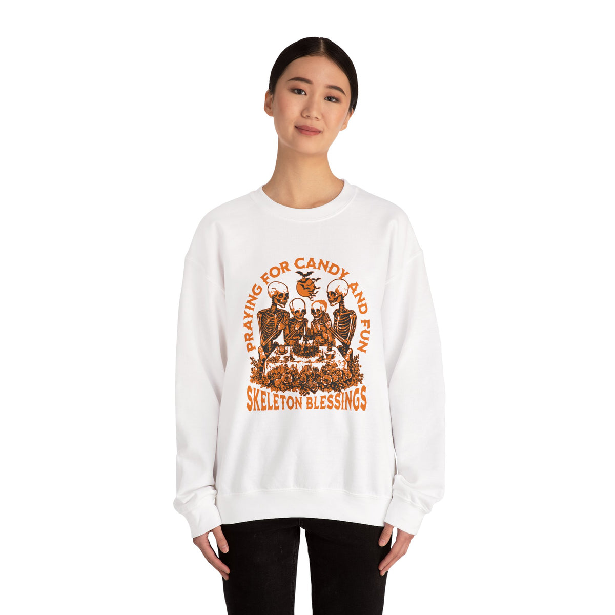 Skeleton Blessings Crewneck Sweatshirt — Praying for Candy and Fun Halloween Sweater