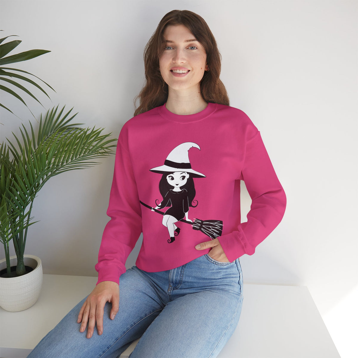 Witch on Broom Crewneck Sweatshirt — Cute Retro Halloween Witch Graphic