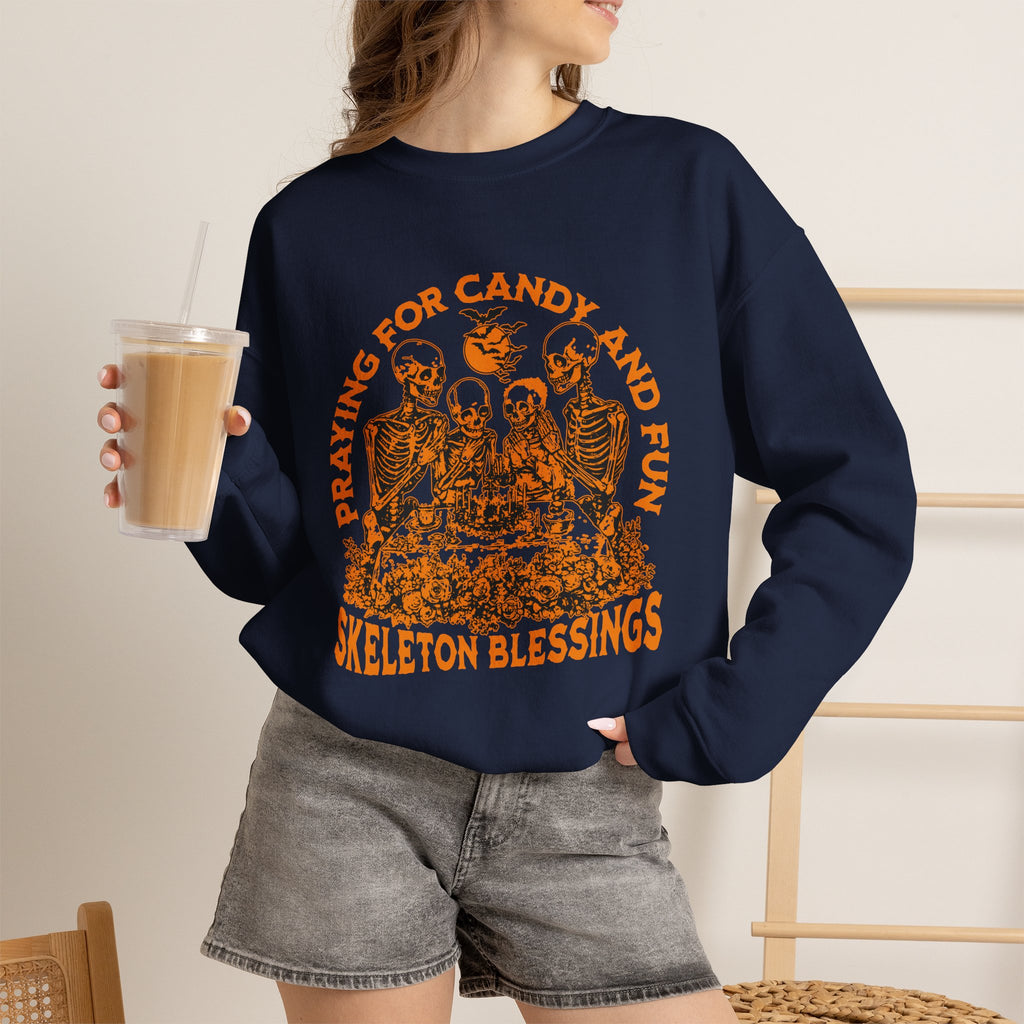 Skeleton Blessings Crewneck Sweatshirt — Praying for Candy and Fun Halloween Sweater