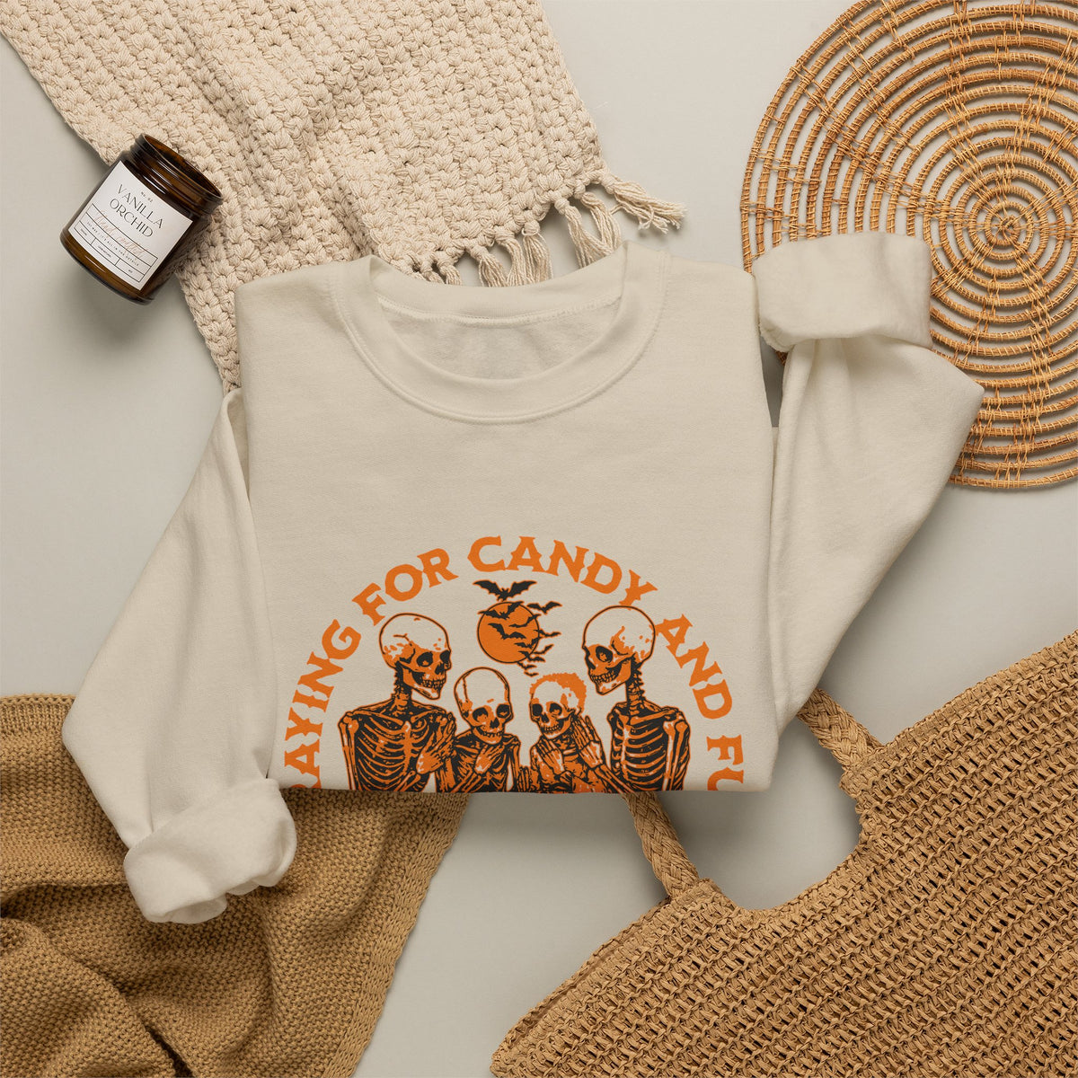 Skeleton Blessings Crewneck Sweatshirt — Praying for Candy and Fun Halloween Sweater